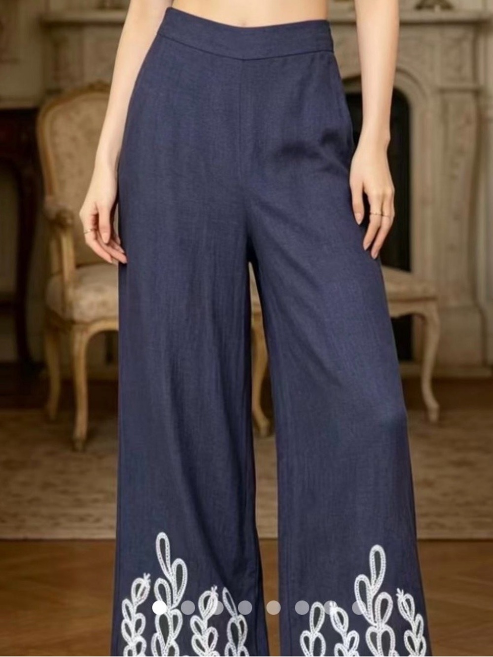 Christian Lacroix Navy Wide-Leg Embroidered Hem Pants